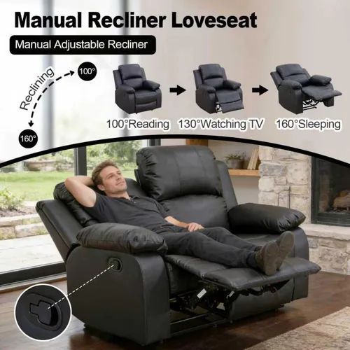 Vista 4 de Sofá reclinable de cuero, juego de muebles de sofá biplaza reclinable manual de 2 asientos, moderno sofá biplaza reclinable con reposabrazos