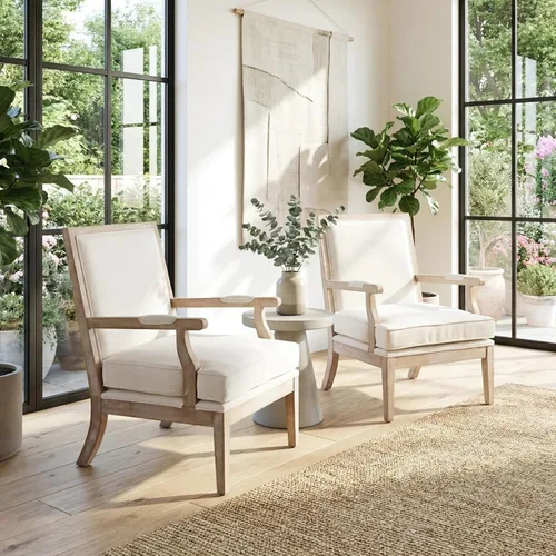 Vista 8 de Silla decorativa moderna de granja, sillón tapizado ancho de lino con reposabrazos, silla de lectura de madera maciza de campo francés para sala