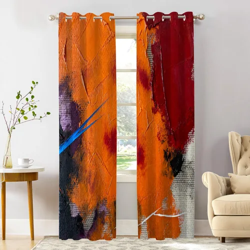 Vista 168 de Shrahala Beige and Orange Abstract Art Brushstrokes Blackout Curtain Tiers, Abstract Oil Paint Kitchen Valance Light Blocking Tier Drapes with Rod