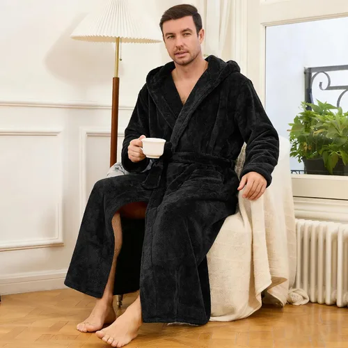Vista 4 de U2SKIIN Bata de baño para hombre con capucha, bata de felpa gruesa de longitud completa, grande y alta Negro