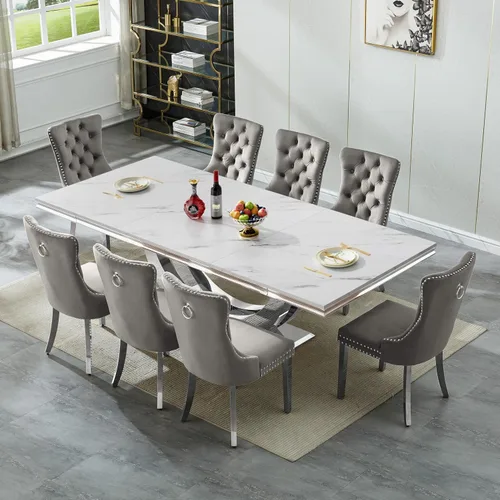 Vista 42 de SSLine Juego de mesa de comedor de mármol sintético blanco de 68 pulgadas