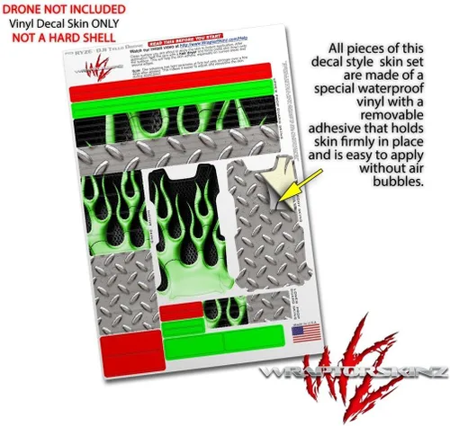 Vista 4 de Skin Decal Wrap 2 Pack para DJI Ryze Tello Drone Metal Flames Green Drone no incluido