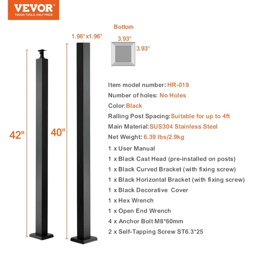 Vista 7 de VEVOR Poste de barandilla de cable sin perforar, sin agujeros, 42 x 2 x 2 pulgadas, poste de barandilla de acero inoxidable SUS34 con soporte