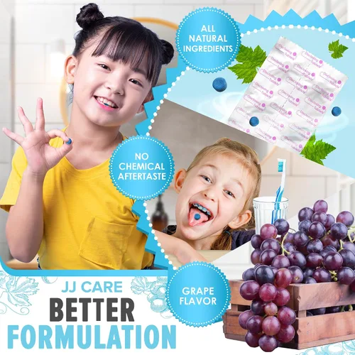 Vista 2 de JJ Care Tabletas reveladoras para dientes, 102 unidades, tabletas de revelación de placas envueltas individualmente para niños que cepillan