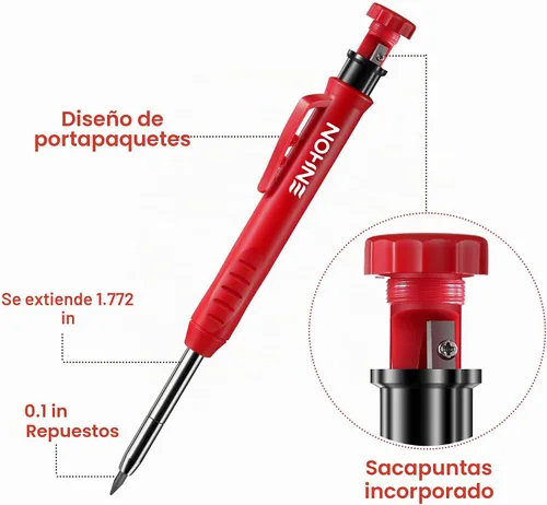 Vista 6 de Enhon Juego de 4 lápices de carpintero con sacapuntas, lápices mecánicos para carpintería con 36 repuestos, marcador de agujero profundo