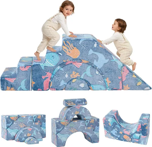 Vista 18 de MeMoreCool Sofá infantil con tobogán y escalera, sofá de espuma convertible Azul marino profundo (sólido)