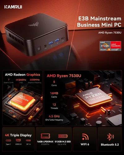 Vista 2 de KAMRUI E3B Mini PC con AMD Ryzen 5 7530U (hasta 4.5 GHz), 16 GB LPDDR4X 512GB M.2 SSD Mini computadora, Mini PC para juegos con USB tipo C