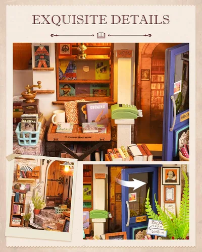 Vista 4 de Rolife Kit de casa en miniatura para bricolaje, librería a escala 1:20, kit de construcción de mini casa con luces LED, kits de manualidades