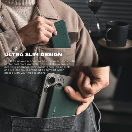 Vista 2 de VULKIT Cartera de Cuero Portafolios delgada Minimalista con Bloqueo RFID, Portafolios de Tarjetas de Crédito con Cierre Magnético de Bolsillo Oliva