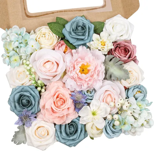 Vista 8 de AmyHomie - Juego de flores artificiales azules, mezcla de seda, peonía, rosa, hortensia, flores falsas con tallo para bricolaje, ramos de boda