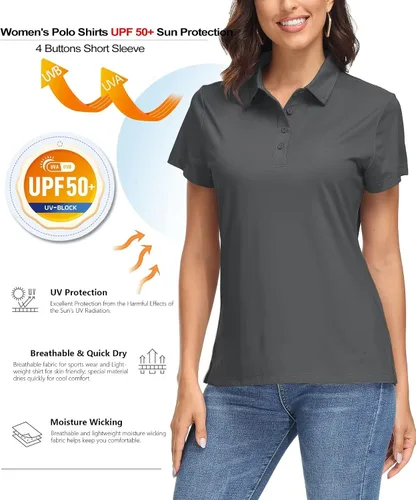 Vista 3 de MAGCOMSEN Polo para mujer UPF 50+, protección solar, 4 botones, casual, trabajo, secado rápido, manga corta, cuello de golf