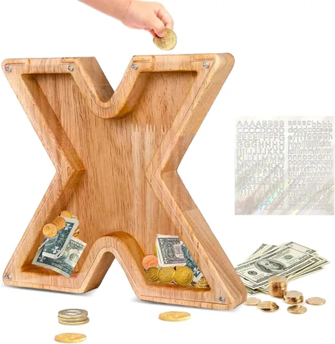 Vista 19 de Alcancía de Madera Personalizada con Letras del Alfabeto, Banco de Monedas con Letras del Alfabeto para Niños, Niñas y Bebés, Tamaño Grande, 26