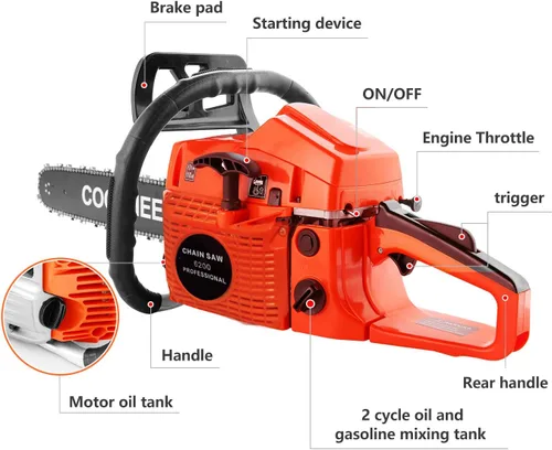 Vista 4 de COOCHEER Motosierra de Gas Mejorada de 62CC 3.5-HP 2 Ciclos de 20 Pulgadas con Bolsa de Transporte y Kit de Herramientas, Motosierras a Gas