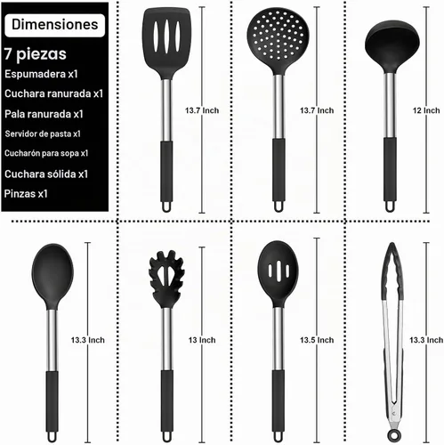 Vista 2 de E-far Juego de utensilios de cocina de silicona, 7 piezas de utensilios de cocina resistentes al calor con mango de acero inoxidable, espátula
