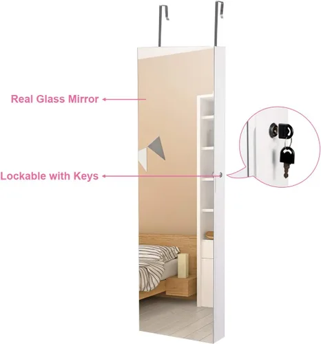 Vista 6 de GOFLAME Armario de joyería montado en la puerta, espejo de longitud completa sin marco de 47.5 pulgadas con almacenamiento y luces LED, organizador