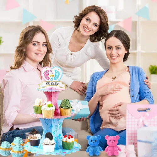 Vista 5 de Decoración de soporte para cupcakes para fiesta de revelación de género, azul y rosa de 3 niveles para baby shower, suministros de cartón para niños