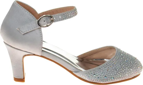 Vista 2 de Badgley Mischka Zapatos de vestir para niñas – Zapatos de tacón alto para niños, sandalias de satén con lazo para fiesta, bloque cerrado, con lazo