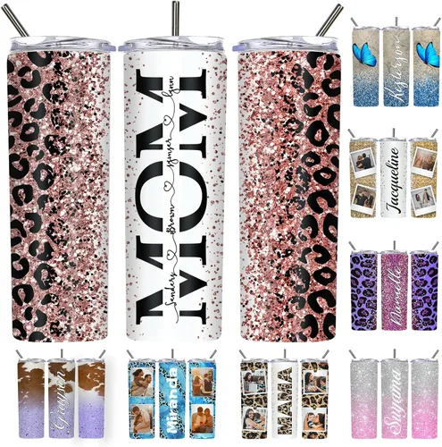 Vista 35 de Vaso delgado personalizado con purpurina con tapas y popotes, nombres, vasos de acero inoxidable personalizados con imagen para mujeres, hombres