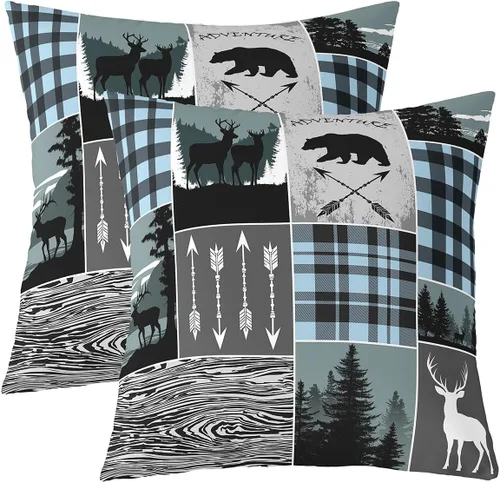Vista 24 de Erosebridal Juego de 2 fundas de almohada occidentales de 16 x 16 pulgadas, fundas de almohada cuadradas decorativas de cuadrícula marrón retro