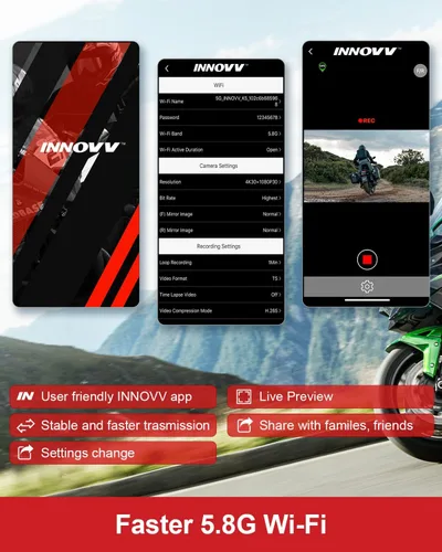 Vista 5 de Cámara de tablero de motocicleta INNOVV K7, cámara frontal y trasera 2K + 2K con EIS antisacudida, cámara de tablero de motocicleta con modo