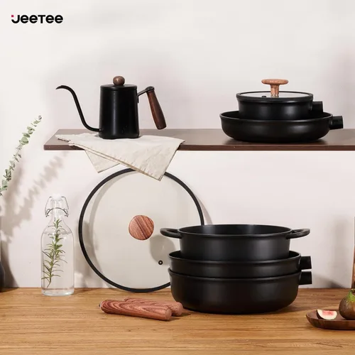 Vista 5 de JEETEE Juego de utensilios de cocina de cerámica, 15 ollas y sartenes antiadherentes con asas extraíbles, juego de utensilios de cocina de inducción