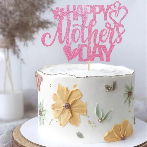 Vista 3 de Rsstarxi 1 paquete de decoración para pastel con flores de purpurina con doble corazón Love Mom Best Mom Best Mom Cake Pick Decoraciones para feliz