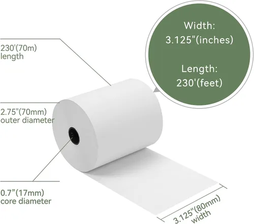 Vista 6 de Papel de impresora térmica de recibos POS de grado A de 3 1/8 pulgadas x 230 pies (32 rollos/caja)