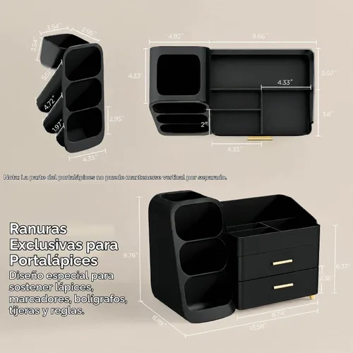 Vista 5 de HBlife Organizador de escritorio con soporte para lápices para escritorio, organizador de bolígrafos con 2 cajones, organizadores de escritorio