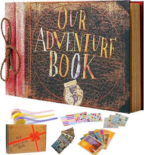 Vista 11 de Nuestro libro de aventuras hecho a mano de 11.92 x 7.62 pulgadas encuadernado en cuero con 80 páginas, letras en relieve, inspirado en 'Up', ideal