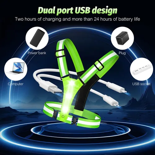 Vista 6 de LED Reflective Running Vest - Light Up With 3 Modes, Rechargeable Night Gear for Runners - Safety Belt for Women Men Verde