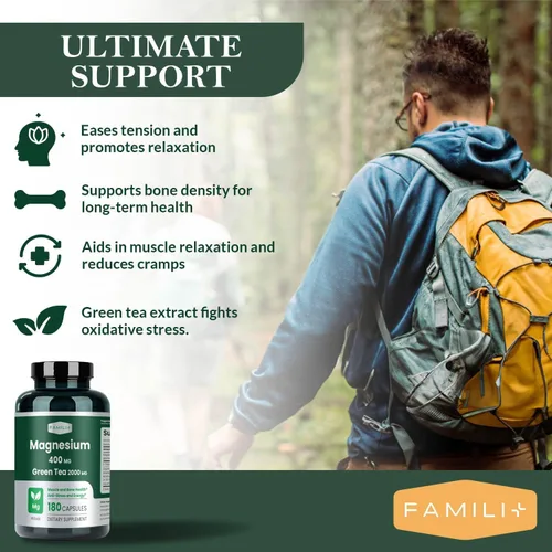 Vista 5 de FAMILI+ Magnesio 400mg Extracto de té verde orgánico 100 mg L-teanina, suplemento de magnesio para músculos, huesos, corazón, alivio del estrés