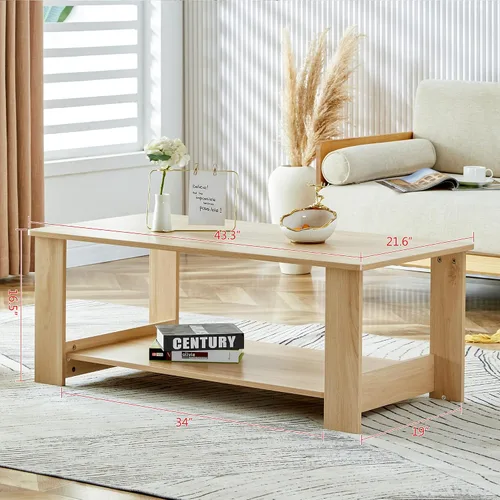 Vista 12 de Mesas de centro modernas de 2 niveles rectangulares de madera con amplio almacenamiento, perfectas para sala de estar, decoración de sala