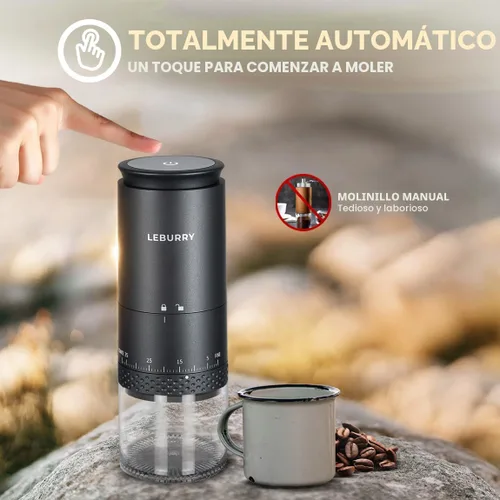 Vista 2 de Molinillo de café de rebaba - Molinillo de espresso portátil con molino cónico de acero inoxidable para viajes, camping - Molinillo de granos