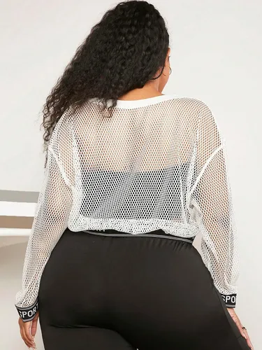 Vista 2 de WDIRARA Sudadera de manga larga con hombros caídos de malla impresa con letras para mujer sin top sin tirantes
