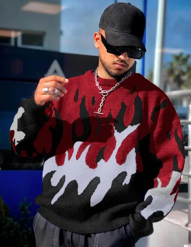 Vista 2 de ZAFUL Y2K - Suéter casual con estampado de llama estética para hombre, suéter de punto holgado, manga larga, cuello redondo