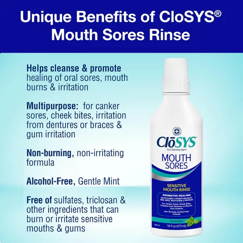 Vista 2 de CloSYS Enjuague bucal para llagas bucales limpia y cura las llagas orales y las aftas en la boca sin alcohol, enjuague bucal con peróxido