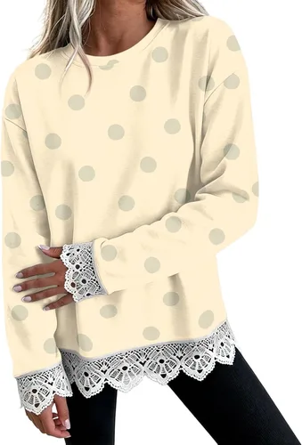 Vista 17 de Fall Sweatshirts for Women Crewneck Scalloped Lace Trim Cute Pullover Tops Lightweight Long Sleeve Polka Dot Sweatshirt,Oversized Leopard Print A