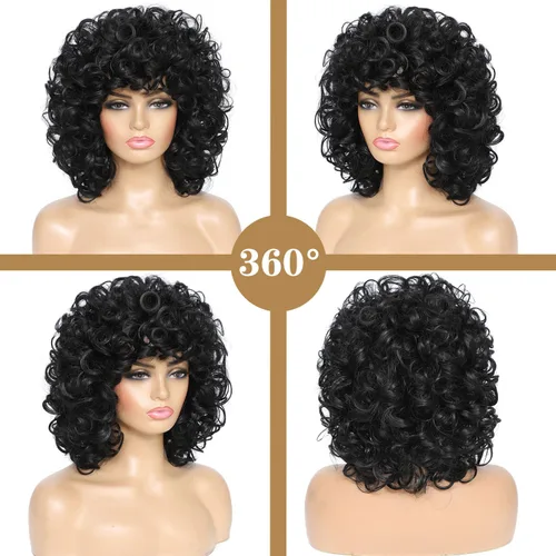 Vista 4 de Pelucas cortas y rizadas con flequillo para mujeres negras, peluca rizada afro afro, cabello sintético suave resistente al calor, peluca de aspecto