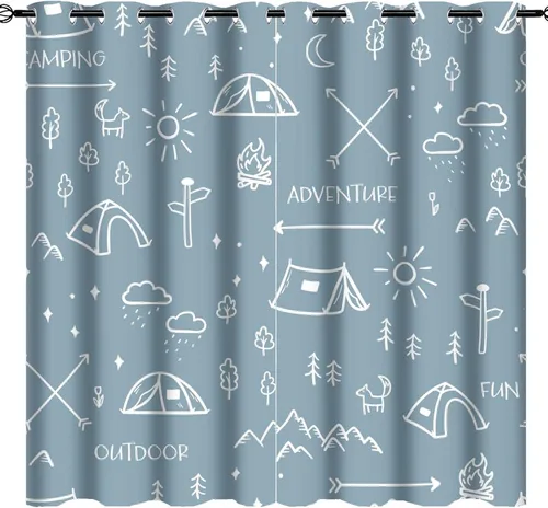 Vista 32 de Cortinas abstractas con estampado de cámper de caricaturas, divertido tema de aventura, campamento, montañas, vida silvestre, oso, tratamiento