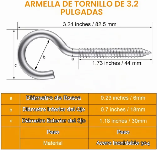 Vista 2 de Paquete de 6 ojos de tornillo de acero inoxidable 304 de 3.2 pulgadas, ganchos de rosca resistentes para soporte de hamaca, techo interior y exterior