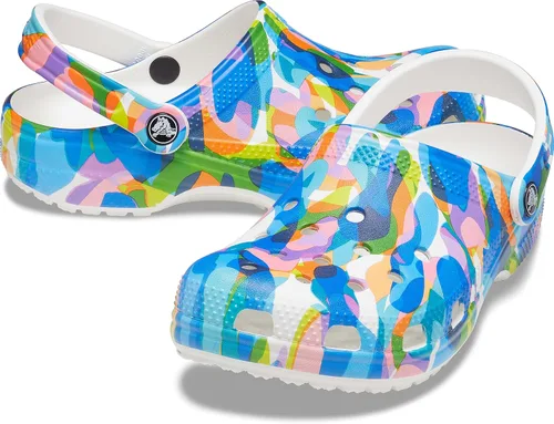 Vista 6 de Crocs Clogs - Zuecos clásicos para adultos, estampados unisex, Blanco/Multi, 14 Women/12 Men