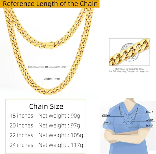 Vista 5 de CaptainSteeL Collar de cadena cubana Miami para hombres y mujeres, acero inoxidable 316L de 50.354in de ancho, 18"20"22"24" de largo, joyería de hip