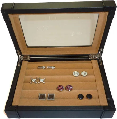 Vista 3 de TimelyBuys Caja de gemelos de piel sintética negra y organizador de anillos, joyero para gemelos, regalo del día del padre