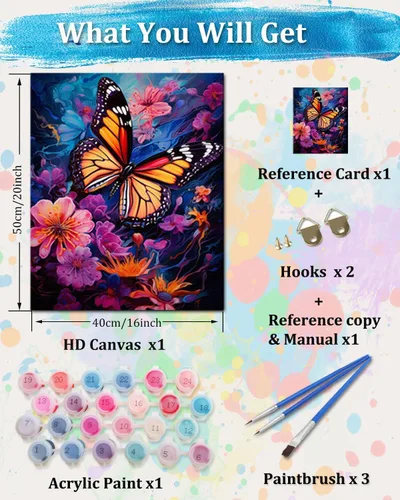 Vista 2 de TOCARE Kit de pintura por números de mariposas y flores para adultos principiantes, lienzo de pintura para adultos por números, juegos de pintura