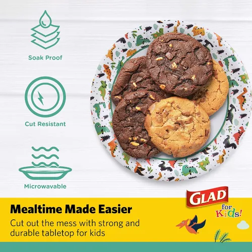 Vista 3 de Glad Platos de papel desechables con diseño de dinosaurio para niños, 7 pulgadas, platos de papel para niños a prueba de remojo y aptos