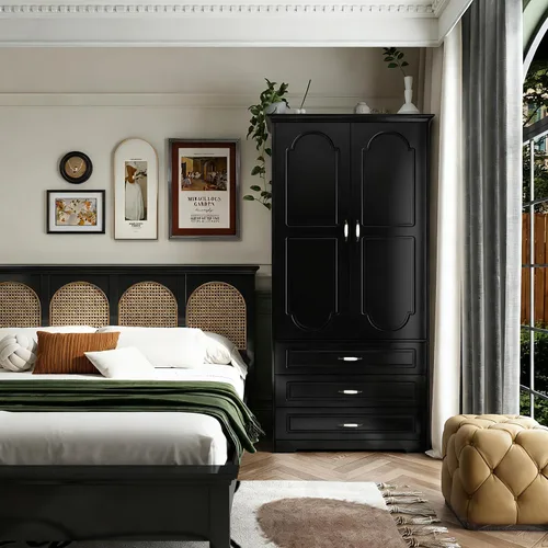 Vista 7 de FJTJBSI Armario Armario con 3 cajones y luz LED de 72 pulgadas, armario de madera para dormitorio con 2 puertas y manijas de puerta de cerámica Negro