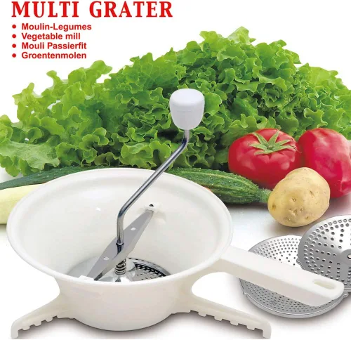 Vista 3 de Molino de alimentos de acero inoxidable con 3 discos de molienda, molino rotatorio de alimentos para salsa de tomate, puré de manzana, puré de papas
