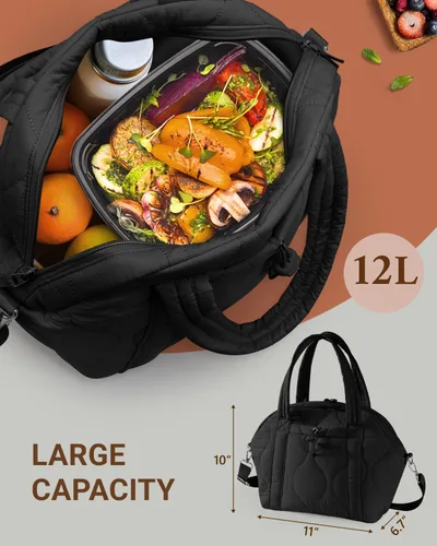 Vista 5 de WONDAY Bolsas de almuerzo aisladas para mujer, bolsa de almuerzo acolchada negra de 12 litros con correa para el hombro, impermeable, a prueba