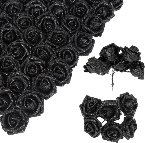 Vista 13 de Ramo de rosas negras con purpurina, 72 piezas de rosas artificiales de espuma con tallos para bricolaje, boda, hogar, fiesta, Navidad, Halloween 72