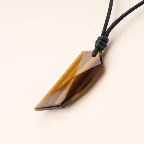 Vista 3 de COAI Collar con colgante de piedra de diente de lobo de cordón de cuero, Piedra, marrón, ojo de tigre